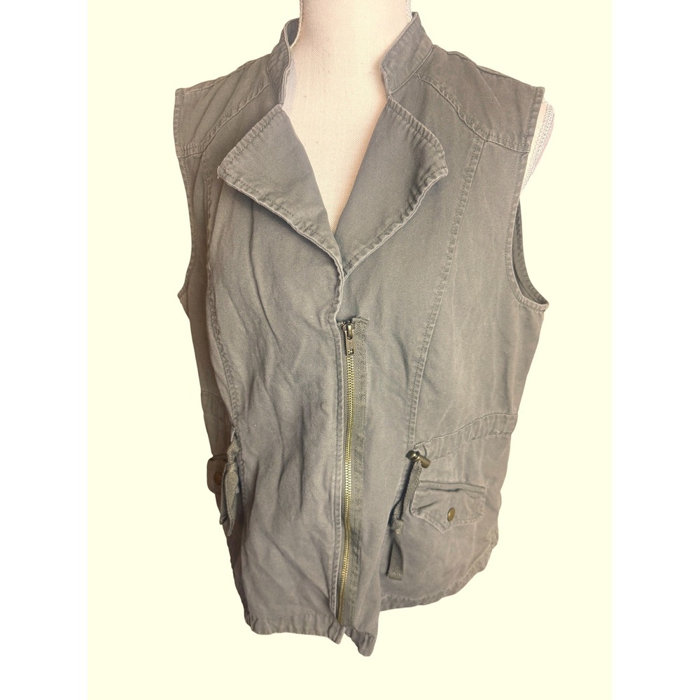 New Directions Olive Green Utility Vest Women Large Zip Up Drawstring Gorpcore